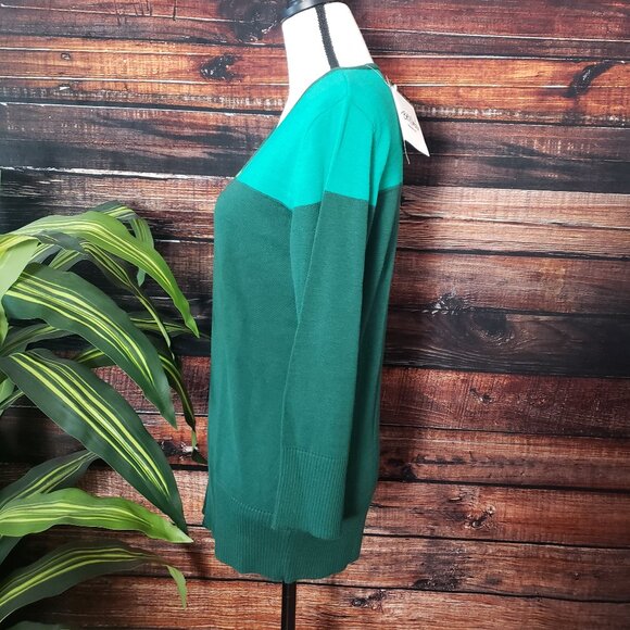 NWT Bob Mackie XS Sweater Knit Top Wearable Art Peek Back Green 3/4 Sleeves - Picture 5 of 10